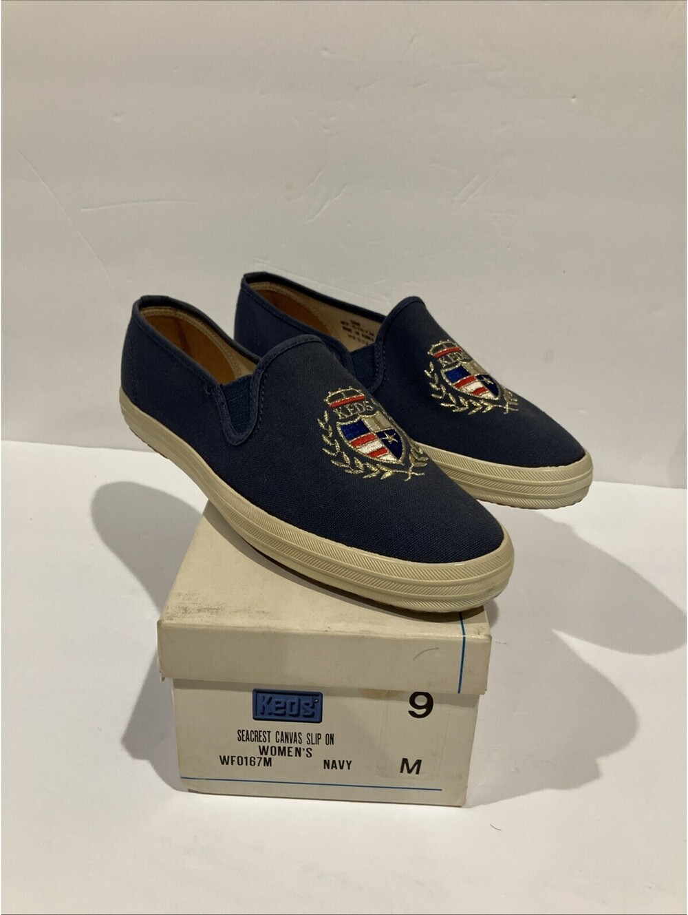 Vintage 80s Womens Keds 9M Slip on Shoes Flats Crest Nautical Boat Blue NEW